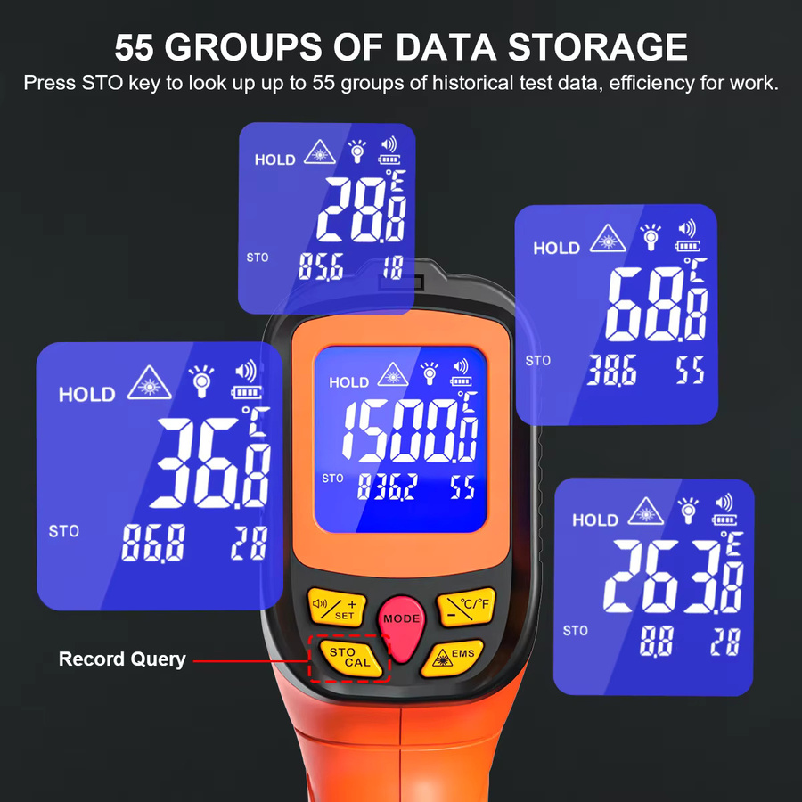 Professionelles Industrielles Infrarot-Thermometer in Orange mit DATA-Speicher und berührungsloser Temperaturmessung von -58 ℉ bis 2732 ℉ - Bild 3