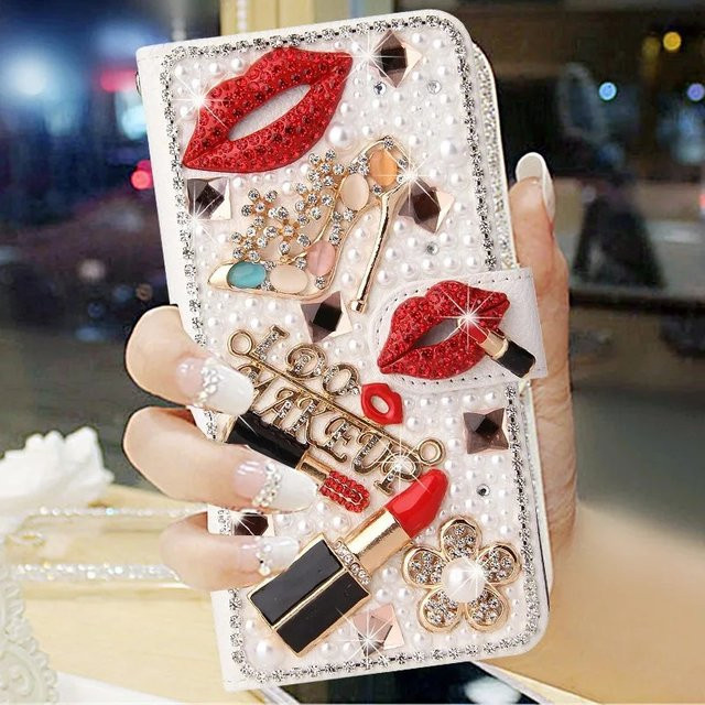 Samsung Lederhülle mit Diamant-Strass-Blumen-Design und Brieftaschenfunktion für Galaxy S26 S25 S24 Ultra S23 S22 Plus in Weiß - Bild 1