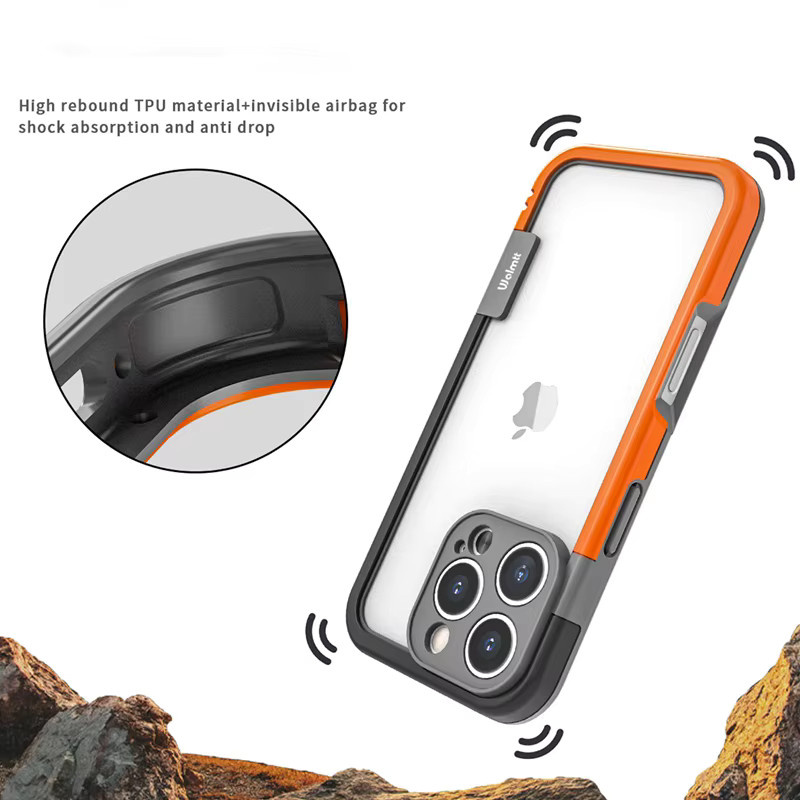 Stoßfeste Silikonrahmen-Schutzhülle mit Objektivschutz von HSDA für iPhone 15, 16 und 17 Pro Max Plus in Orange oder Blau - Bild 3