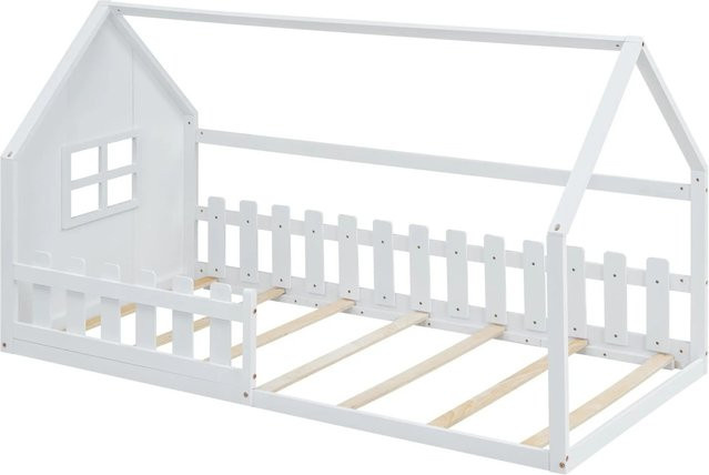 okwish Kinderbett Hausrahmen aus Kiefernholz und MDF in Weiß, B/T/H: 90 x 200 x 140 cm - Bild 1