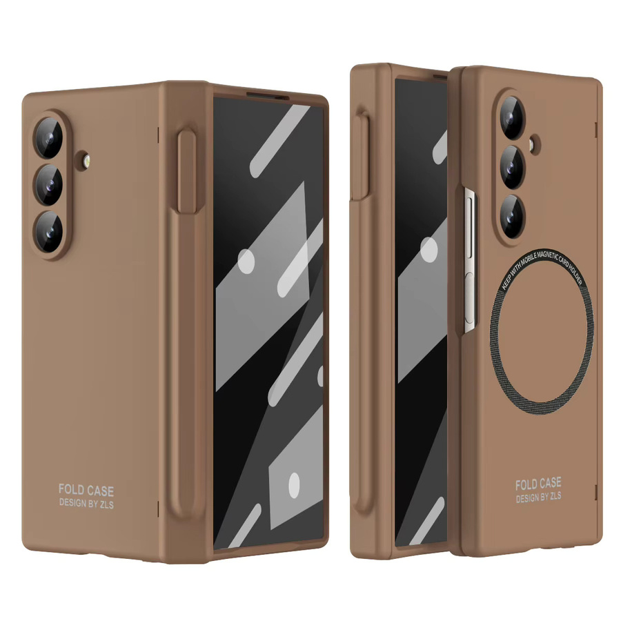 CHAOYIDIAN Magnetische Scharnier-Hülle für Samsung Galaxy Z Fold 7 6 5 mit Displayschutzfolie, S Pen Slot und kabellosem Laden, Matt PC-Hülle in Weiß oder Braun - Bild 2