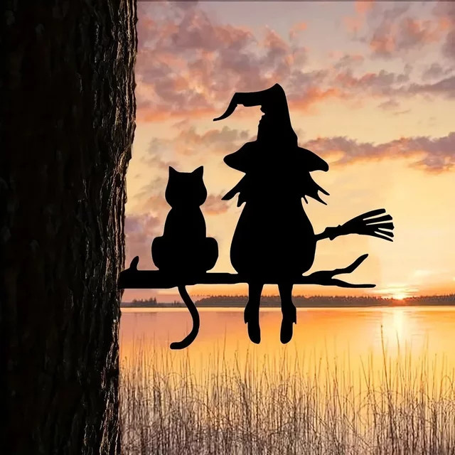 Metall-Silhouette Hexe und Katze als Gartenstecker in Schwarz für Halloween-Dekoration im Garten und Hof - Bild 1