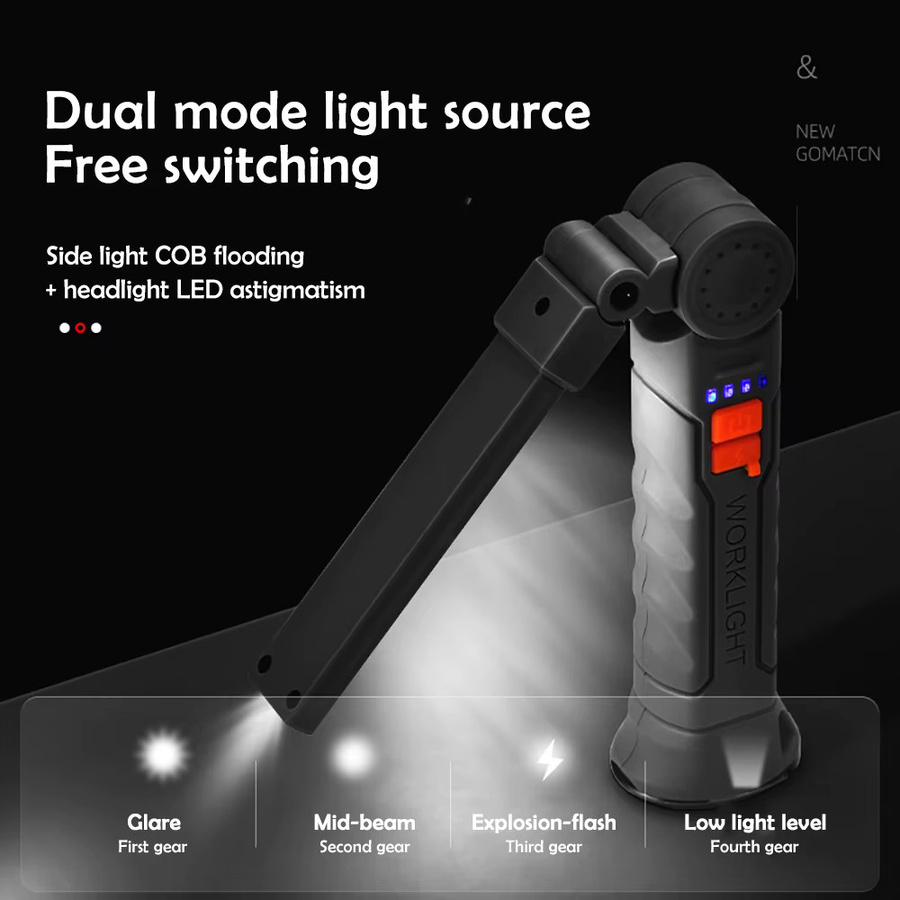 Heinast COB LED Arbeitsleuchte Schwarz mit Magnetfuß und Haken, wiederaufladbare tragbare Arbeitslampe mit 360 Grad Drehung - Bild 3