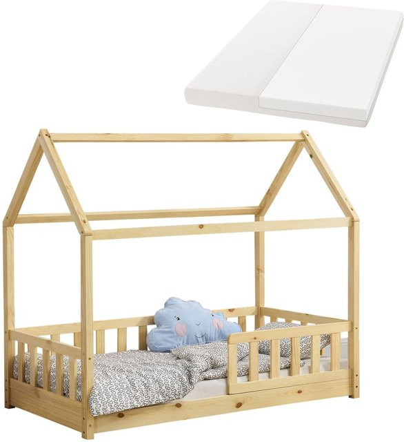 Juskys Kinderbett Marli Hausbett aus Massivholz in Natur mit Matratze, Gitter und Lattenrost, B/L: 80 x 160 cm - Bild 1