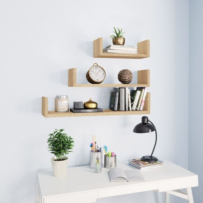 3er Set Wandregal Vidaxl aus Holzwerkstoff in Eiche Natur und Braun im modernen skandinavischen Design - Bild 1