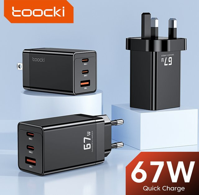 Toocki 67 W USB-Ladegerät mit 3 Ports und QC Schnellladefunktion, Wandadapter mit USB-C, Farbe: Schwarz - Bild 1