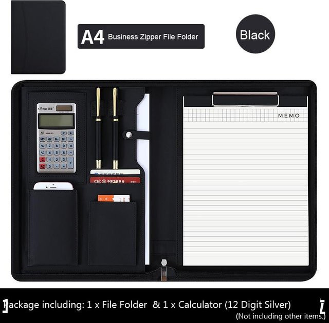 Yiran Furniture Handgefertigter A4-Aktenordner aus Leder mit Reißverschluss und Klemmmappe in Schwarz - Bild 1