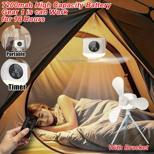 VENUSWING Tragbarer Camping-Deckenventilator mit Licht, Fernbedienung und Timer, Wiederaufladbar, Weiß - Bild 1