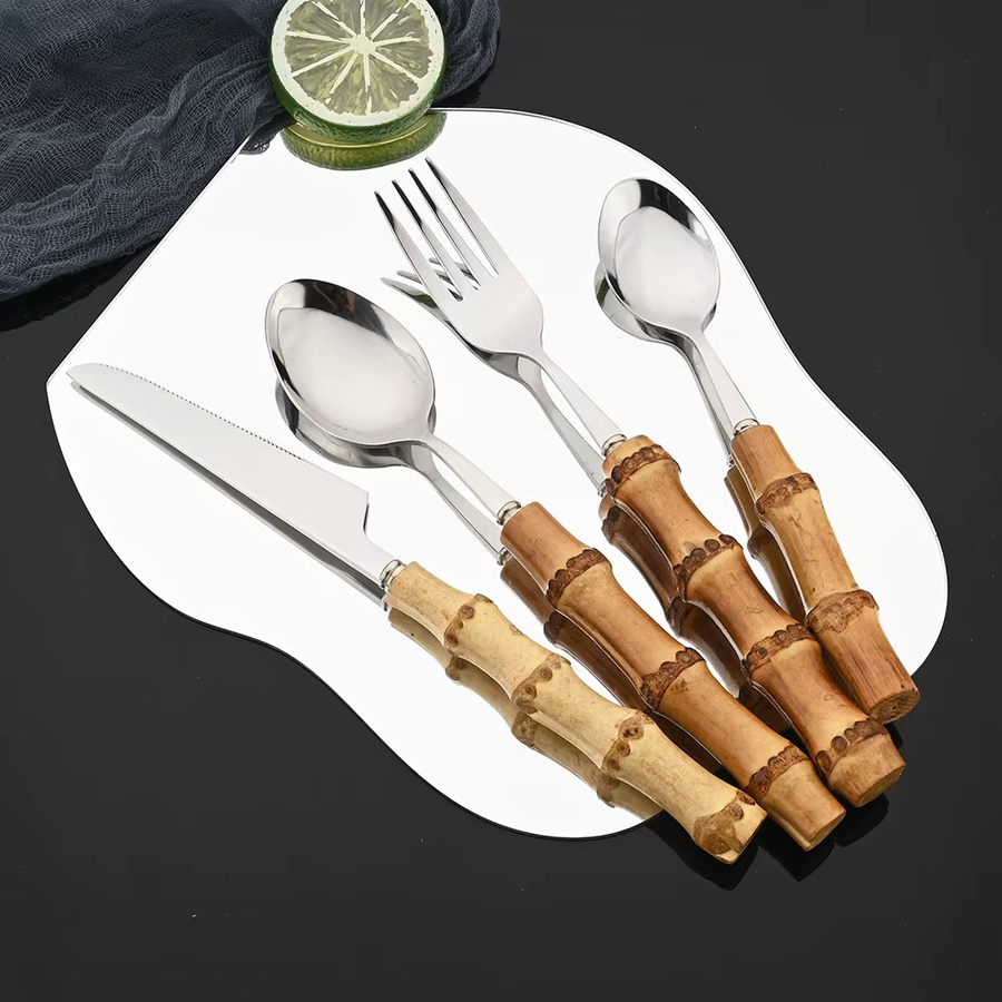 Uniturcky Besteckset aus Edelstahl und Bambusholz in Silber und Braun mit Messer, Löffel und Gabel - Bild 3