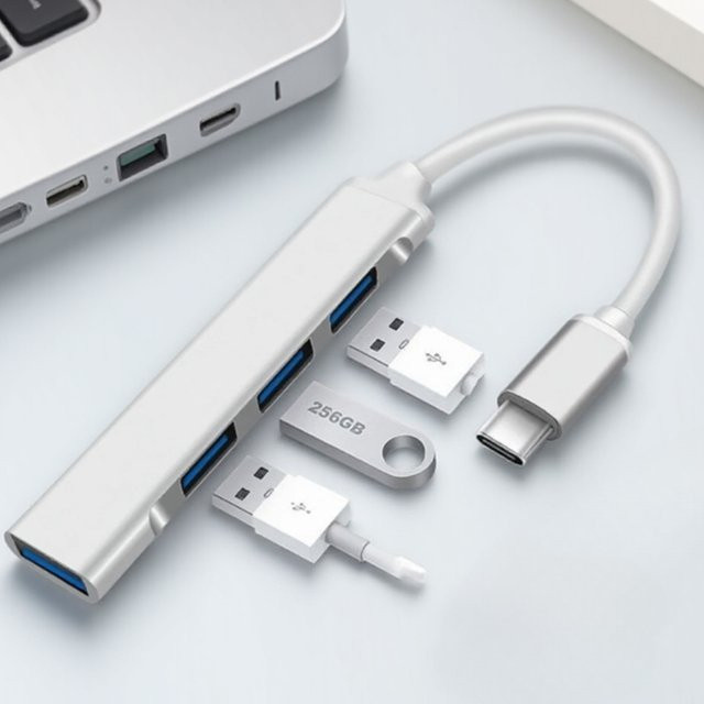 USB-C-Hub 4-Port-Adapter in Silber für MacBook, Laptop, PC, Telefon und Tablet - Bild 1