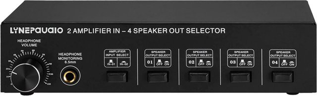 LINEPAUDIO 2 in 4 Out Lautsprecher-Wahlschalterbox mit 4-Zonen-Verstärker und Lautstärkeregelung in Schwarz - Bild 1