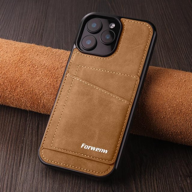 Retro PU Leder Hülle mit Kartenfach und Ständer für Apple iPhone 16 15 14 13 12 11 Pro Max mini in Braun - Bild 1