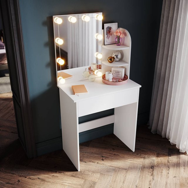 SONNI Schminktisch mit LED-Beleuchtung und Spiegel in Weiß, moderner Schminktisch mit Schubladen für das Schlafzimmer, B/T/H: 70 x 40 x 140 cm - Bild 1