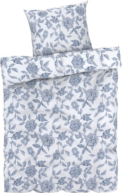 LIVARNO HOME Mako-Satin Bettwäsche Set Blumen Blau Weiß, B/H: 135 x 200 cm und 80 x 80 cm - Bild 1
