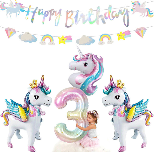 EsenTroye Einhorn Geburtstagsdekoration Set mit 4D Folien-Zahlenballons, Regenbogen-Banner Girlande und Wolken-Elementen in Multicolour - Bild 1