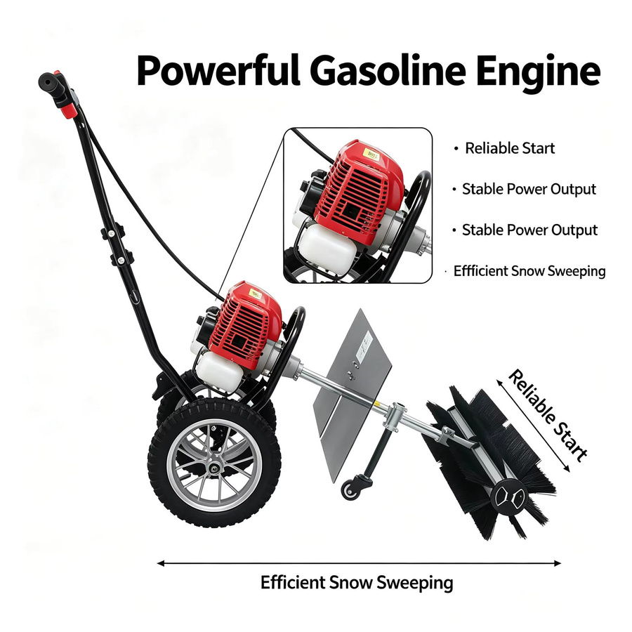 Schiebekehrmaschine mit 43cc 1,7 PS Zweitakt-Benzinmotor, rote Rollbürste mit verstellbarem Griff und Schutzblech, luftgekühlter Motor, 1000ml Kraftstofftank aus Aluminiumlegierung und Stahl - Bild 3