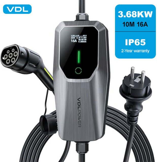 VDL EV-Ladegerät Typ 2 für Elektroautos mit 3.68 kW und 10m Ladekabel, IP65 Einphasen-Ladestation mit EU-Schuko-Stecker, grau - Bild 1