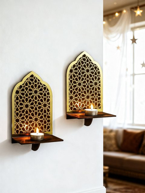 Kare Design Islamisches Ramadan Wandregal aus Holz und Acryl in Gold und Schwarz mit geometrischem Design - Bild 1