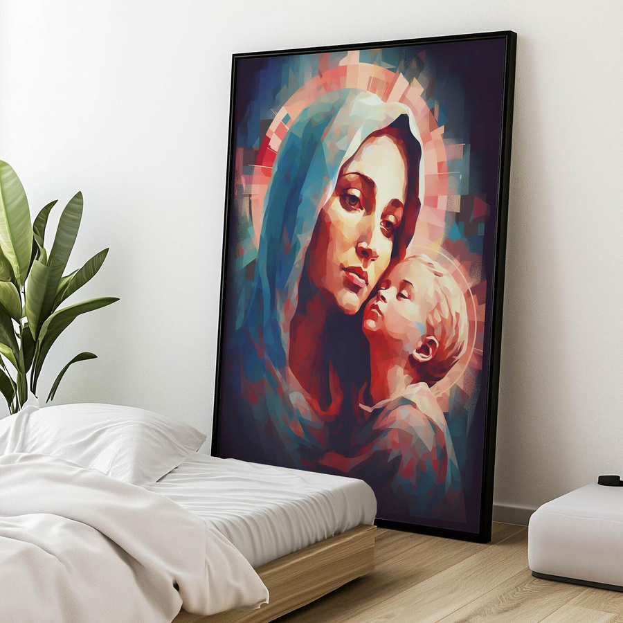 Harmony Posters Maria mit dem Jesuskind Wandbild Blau, B: 30 cm, H: 40 cm, Holzrahmen Eiche hell - Bild 2