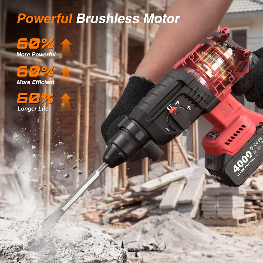 Taskstar Elektrischer Bohrhammer Rot, bürstenloser kabelloser Multifunktions-Schlagbohrer kompatibel mit Makita 18V Akku-Systemen - Bild 3