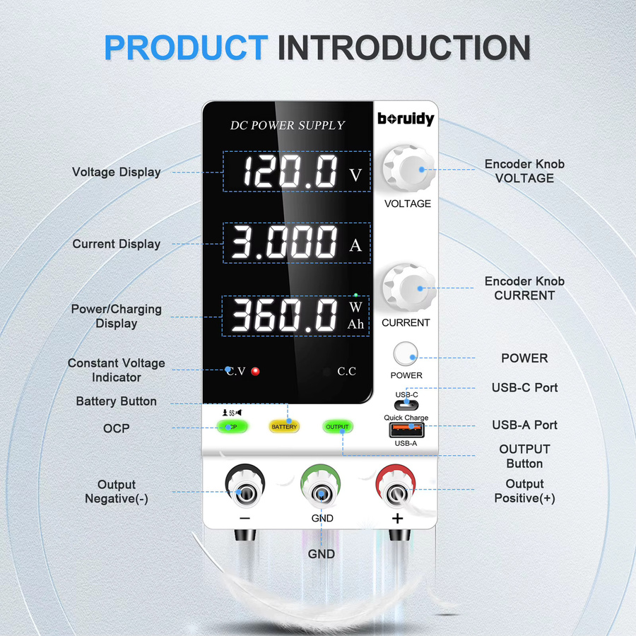 Boruidy Stabilisierte Labor-Stromversorgung zum Laden von LiFePO4, Nickel-Metall, Lithium-Ionen und Hydrid-Batterien, 120V 3A 360W, Einstellbar für 12V 24V 30V 48V - Bild 6