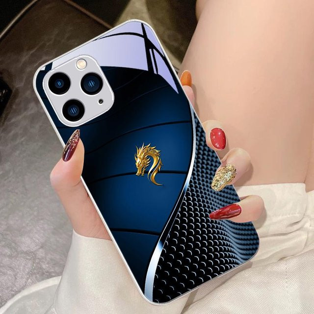 MY-CASE Handyhülle aus gehärtetem Glas mit chinesischem Loong-Motiv in Schwarz und Blau für iPhone Modelle - Bild 1