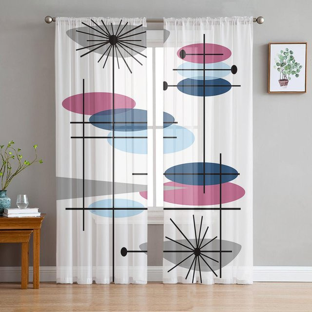 Transparenter Tüllvorhang mit abstraktem geometrischem Muster in Schwarz und Gelb, Organza-Voile-Dekorvorhang für Wohnzimmer und Schlafzimmer, Breite: 100 cm, Höhe: 250 cm - Bild 1