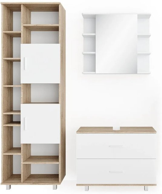 Vicco Badmöbel Set Ilias in Weiß und Eiche bestehend aus Spiegel, Kommode und Unterschrank mit einer Breite von 80 cm - Bild 2