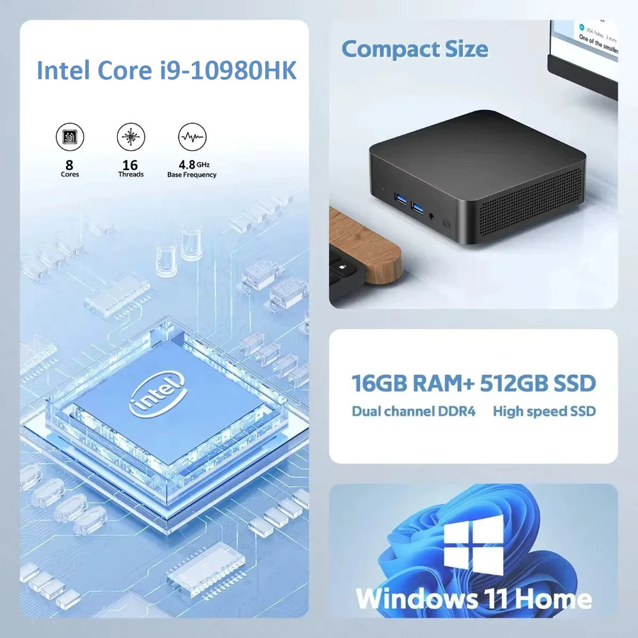 XIAORAN Mini-PC mit Windows 11, Intel Core i9 10980HK, 16GB RAM, 512GB SSD, Schwarz - Bild 2