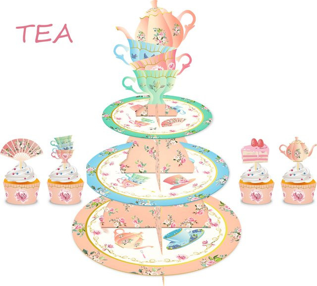 3-Schichten Cupcake-Display-Stand mit DIY-Kuchendeckel und Cupcake-Papier-Wrappern in Mehrfarbig für Geburtstagsfeiern und Partys - Bild 1