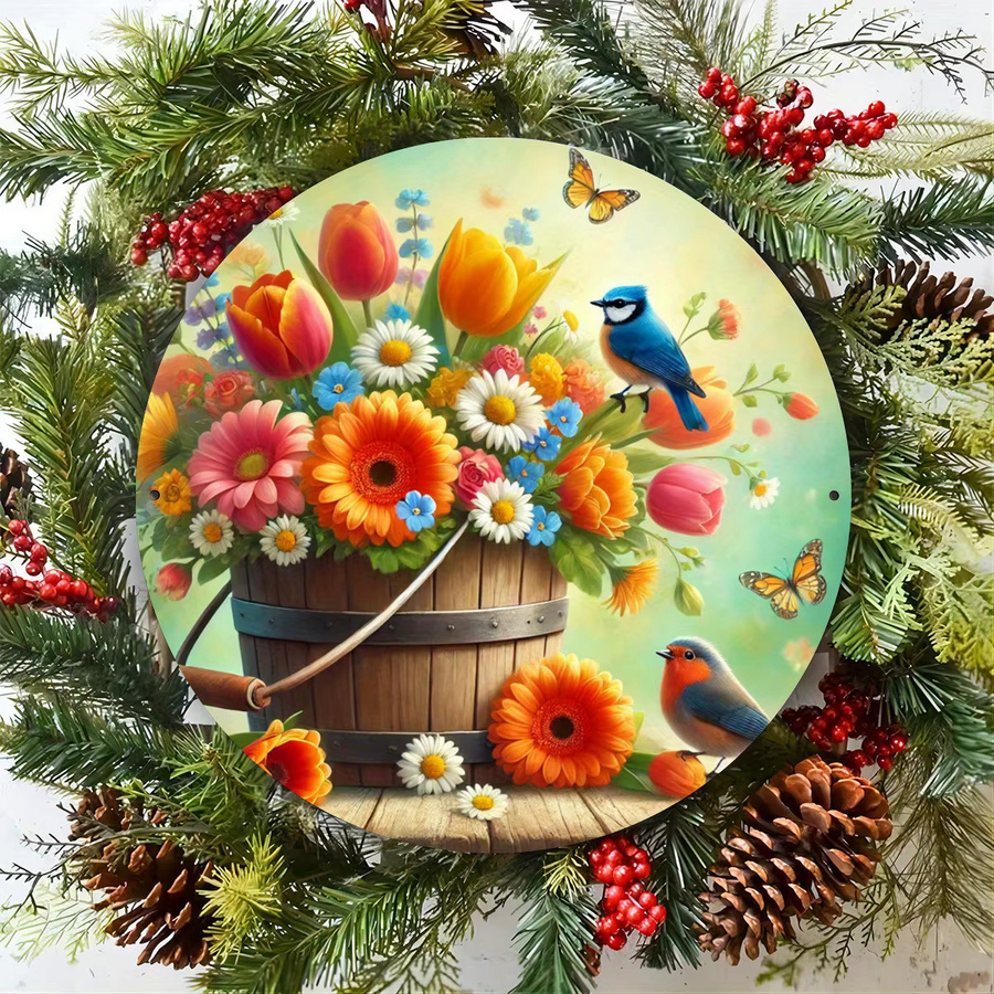 Rustikales Blumenkranz-Wandschild von Potdemiel aus Metall mit bunten Blumen und Vögeln, rundes Wandkunstwerk für dein Zuhause, Durchmesser: 20 cm - Bild 3