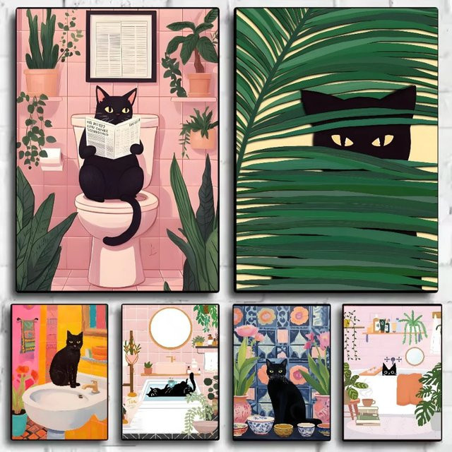 Minimalistisches Leinwandgemälde mit Katzenmotiv von Potdemiel in Grün für dein Wohnzimmer oder Schlafzimmer - Bild 1