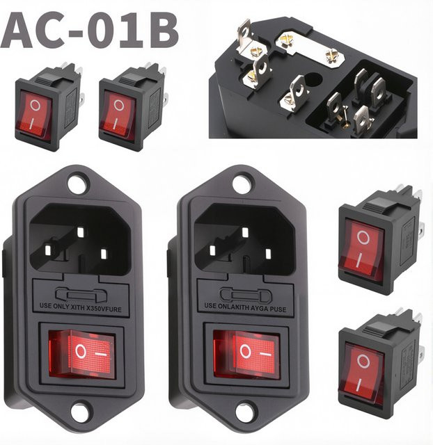 5er Set AC-01B IEC320 C13 Elektrische Buchse mit roter LED, 4-Pin Rocker-Schalter und 10A Sicherung, Einlass Buchse in Schwarz und Rot - Bild 1