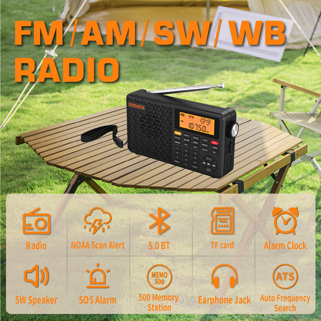 XHDATA D-109WB Digitaler Wecker und Tragbares Radio in Schwarz mit AM FM Stereo SW MW LW, USB-C und Wettervorhersage - Bild 1