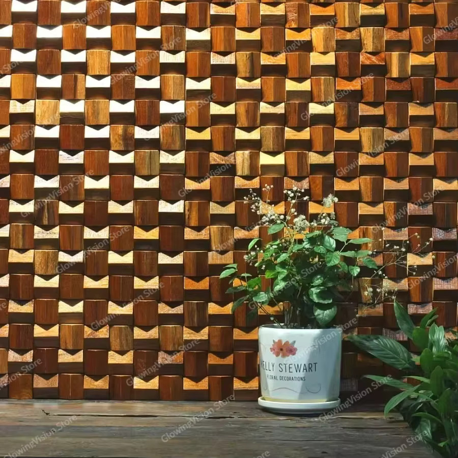 Mosecor Holz Wandverkleidung Akustikplatte als Diffusor Mosaik Fliesen in Braun und Rot mit geometrischem Design - Bild 2