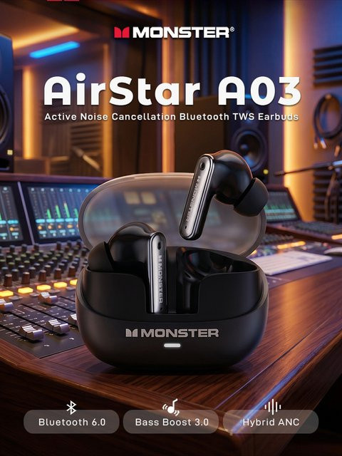 Monster AirStar A03 ANC True Wireless Bluetooth 6.0 Ohrhörer mit Hybrid Aktiver Geräuschunterdrückung und tiefem Bass in Schwarz - Bild 1