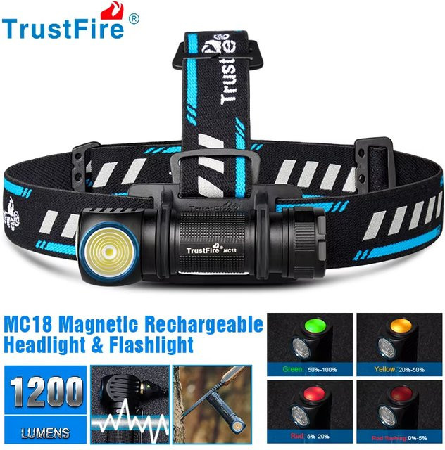 Trustfire MC18 LED-Stirnlampe Schwarz mit 1200lm, magnetisch aufladbare Kopflampe mit Leistungsanzeige und magnetischem Endstück - Bild 1