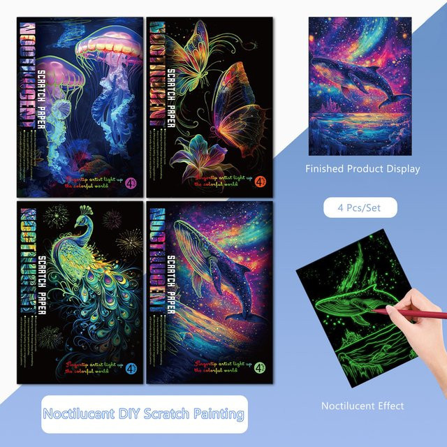 4er-Set Nachtleuchtende DIY Kratzmalerei A4 Meereswelt Schmetterling Pfau und Wal in Multicolour - Bild 1