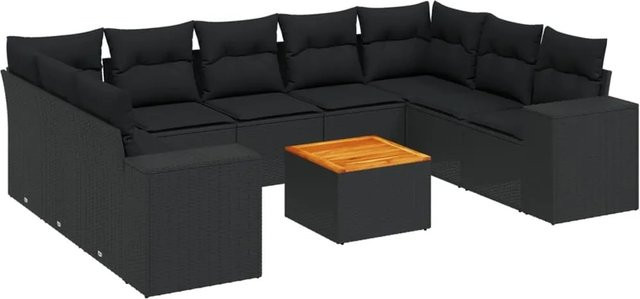 vidaXL 10-tlg. Garten-Sofagarnitur in L-Form aus Poly-Rattan in Schwarz mit Kissen und Armlehnen - Bild 1