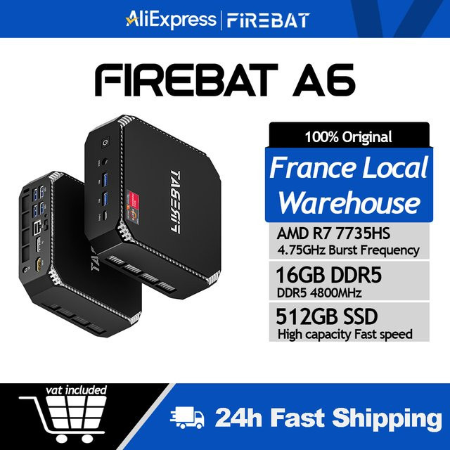 FIREBAT MINI PC A6 Gaming-Computer mit AMD Ryzen 7 7735HS, 16GB DDR5 RAM, 512GB SSD, WiFi6, Bluetooth 5.2 und Windows 11, Schwarz - Bild 1