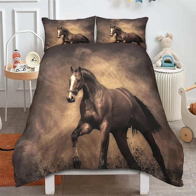 Flylo Bettwäsche Set für Kinder mit Reitermotiv und Tieren, 3-teilig aus Polyester, Braun, B/H: 155 x 220 cm - Bild 1