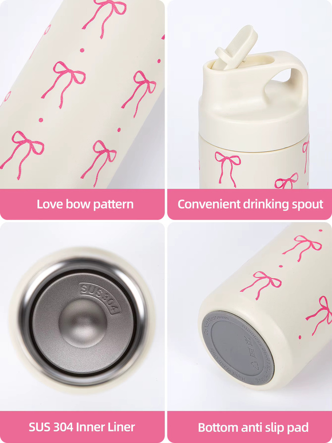 YOCITY Edelstahl-Thermo-Wasserflasche mit Kirschdruck und Schleife, Weiß, 500 ml, vakuumisoliert und auslaufsicher - Bild 1