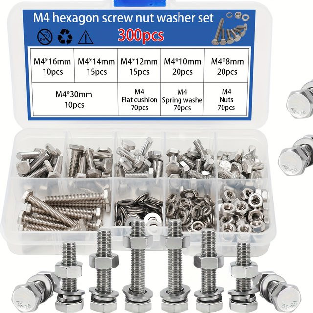 MIVM 300 Stück M4 Edelstahl-Schraubenset aus A2-70 in Silber bestehend aus Sechskantschrauben, Sechskantmuttern, flachen Unterlegscheiben und Federscheiben - Bild 1