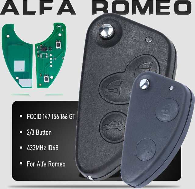 KEYECU 3-Tasten-Flip-Autoschlüssel für Alfa Romeo 147 156 166 GT in Schwarz mit SIP22 Klinge und 433 MHz ID48 Chip - Bild 1
