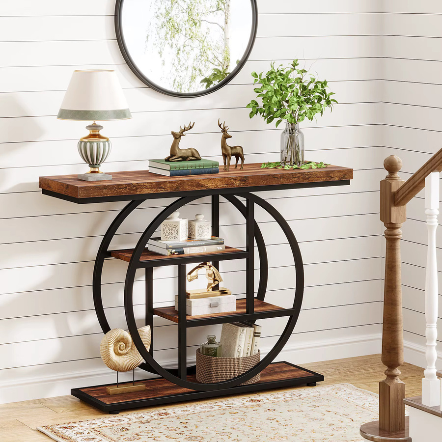 Tribesign Konsolentisch im Industrial-Design mit 4 Ebenen, rechteckiger Flurtisch in Gold und Braun für Wohnzimmer und Flur, Breite: 105 cm - Bild 2