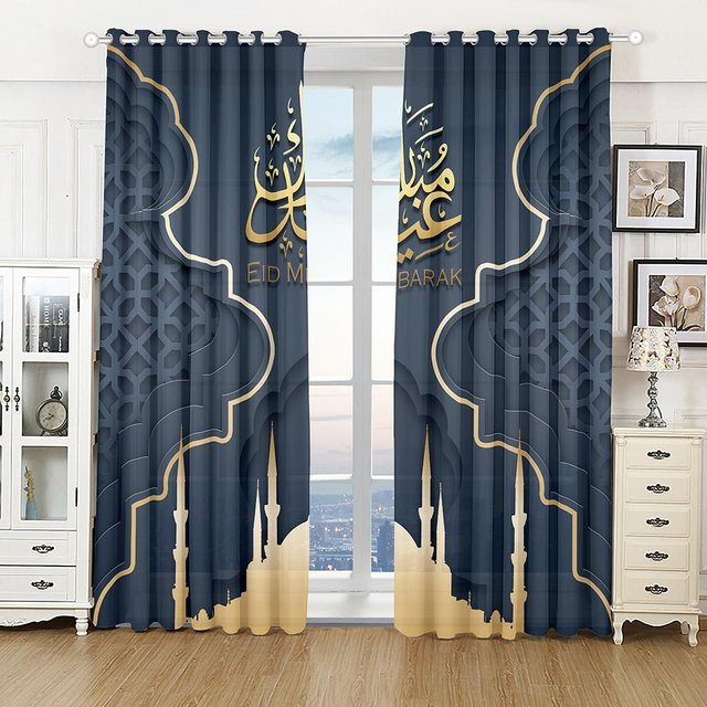 Yiran Furniture Islamischer Dekorschattenvorhang mit Ösen für Wohnzimmer und Schlafzimmer, 2 Paneele, Polyester, semi-transparent, Breite: 100 cm, Höhe: 130 cm - Bild 1