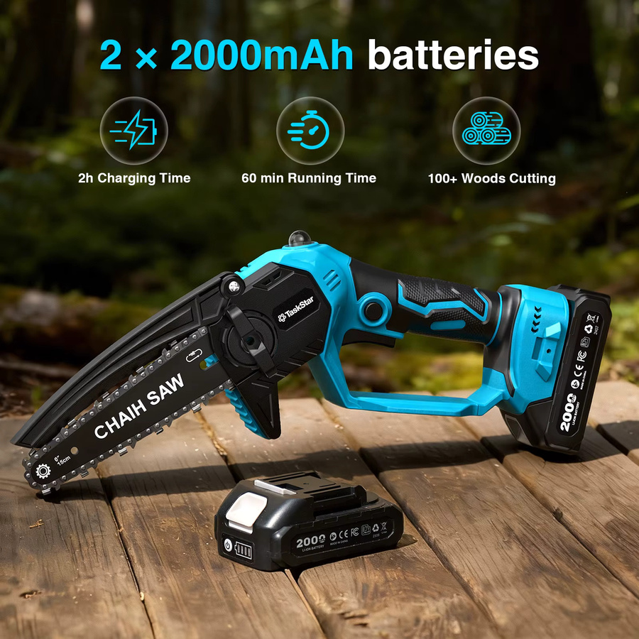 TaskStar Mini 6-Zoll Handheld-Kettensäge in Blau mit 2 Akkus 2.0Ah und Auto-Ölung, kompatibel mit Makita 18V Akkus - Bild 6