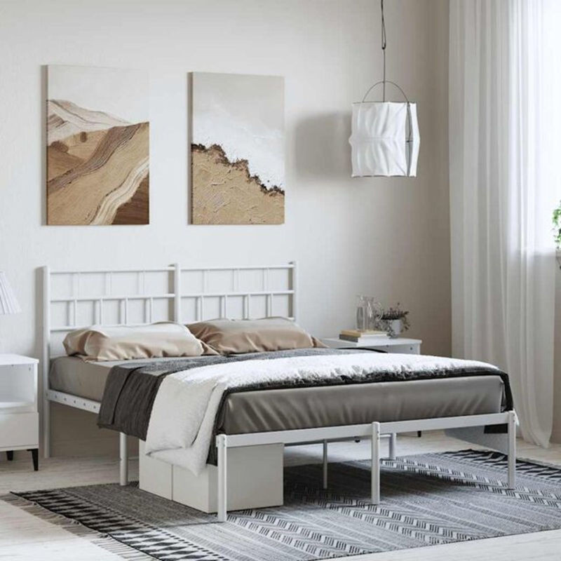 Vidaxl Metallbett mit Kopfteil in Weiß, Modernes Bettgestell aus Stahl, B/T: 150 x 200 cm - Bild 1
