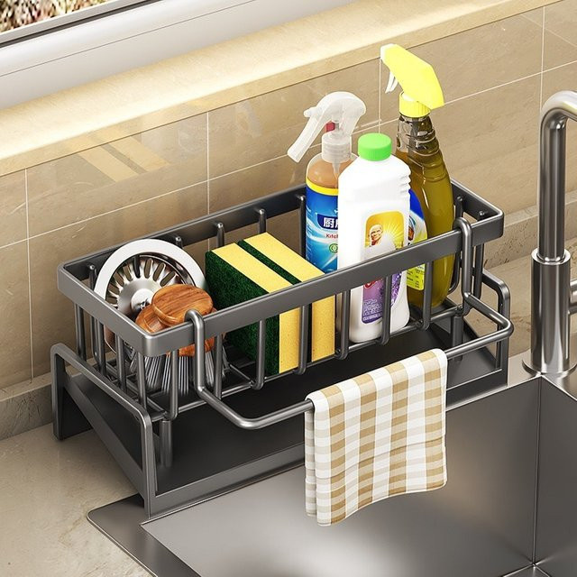 Trebalena Wandmontiertes Abflussregal aus Edelstahl für die Küchenspüle in Silber und Weiß mit selbstentleerender Funktion als Organizer für Schwamm und Handtuchhalter - Bild 1