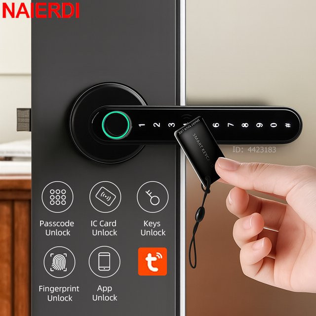 NAIERDI Smart-Fingerabdruck-Türschloss in Schwarz mit Tuya APP, Bluetooth, Tastatur und Karte für Zuhause, Wohnung und Schlafzimmer - Bild 1